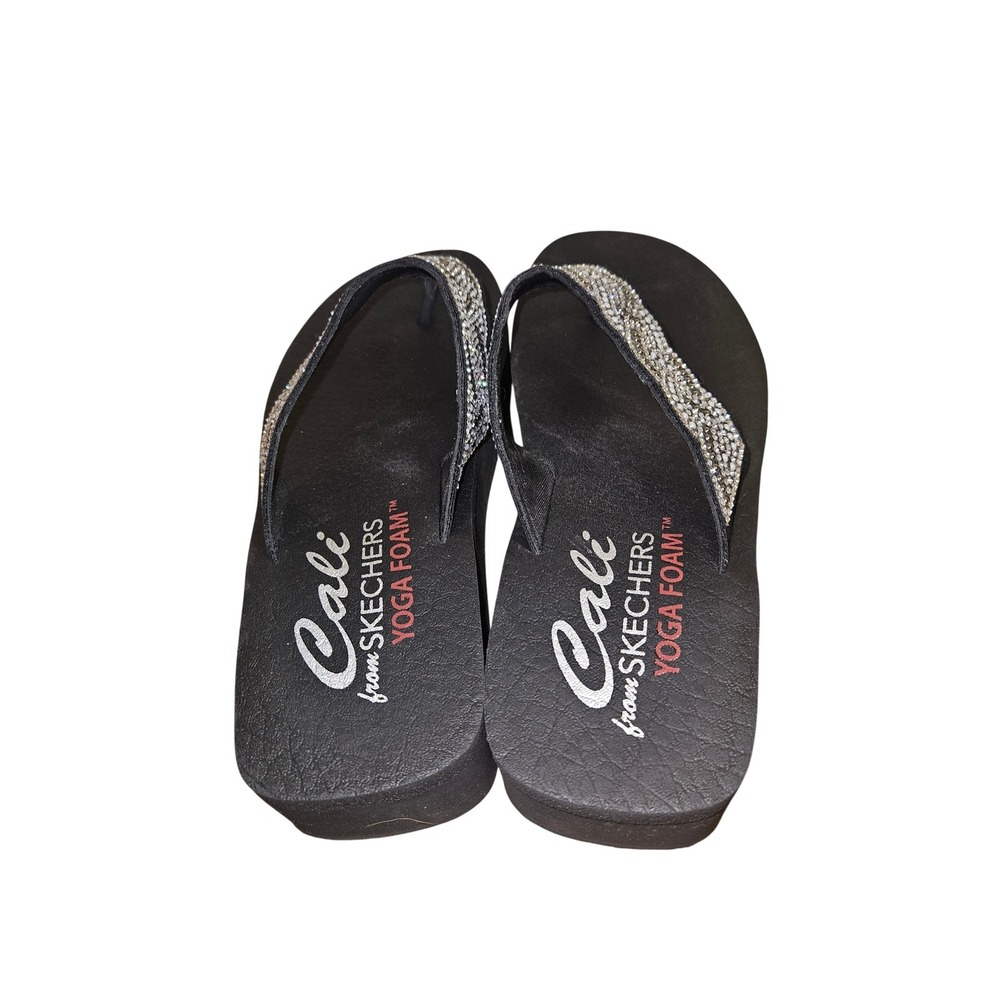 Skechers Cali Yoga Foam Black Rhinestone Wedge Platform Flip Flops Sz 8 Womens - Picture 4 of 5
